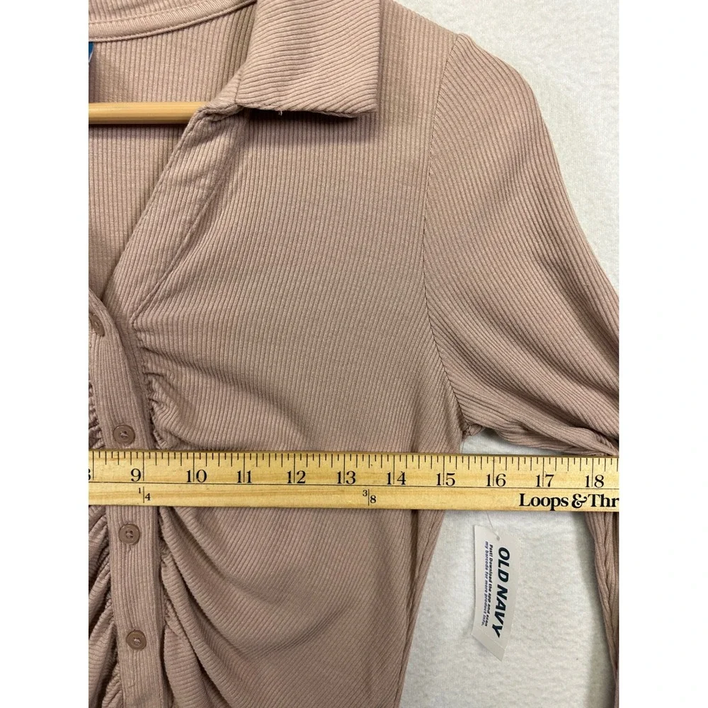 Old Navy Coquette Ribbed Ruched NWT Womens Sm Mauve Long Sleeve Button Polo Top